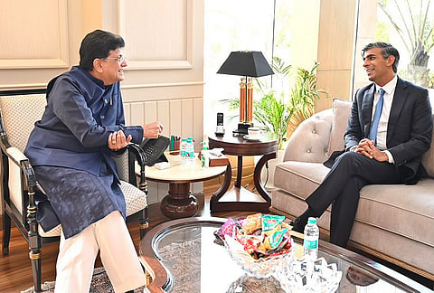 Union Commerce and Industry Minister Piyush Goyal with former UK Prime Minister Rishi Sunak during a meeting, in New Delhi. 