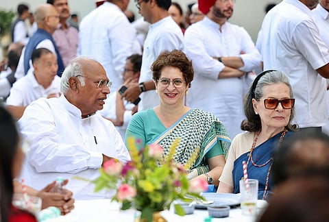 Rajya Sabha LoP and Congress President Mallikarjun Kharge, party leaders Sonia Gandhi, Priyanka Gandhi Vadra and others during a high tea organised for the INDIA bloc leaders at Rahul Gandhi’s residence, to discuss the strategy for joint protests against ‘vote chori’ (vote theft) and to press for Chief Election Commissioner Gyanesh Kumar's resignation, in New Delhi. 