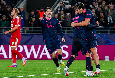 Viking's Herman Haugen celebrates after scoring his side's third goal during the Champions League opening phase soccer match between Viking and Bayern Munich in Stavanger, Norway, Tuesday Oct. 13, 2026. 