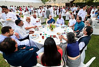 | Photo: AICC via PTI  : Rajya Sabha LoP and Congress President Mallikarjun Kharge, Lok Sabha LoP Rahul Gandhi, party leader Sonia Gandhi and others during a high tea organised for the INDIA bloc leaders at Rahul Gandhi’s residence, to discuss the strategy for joint protests against ‘vote chori’ (vote theft) and to press for Chief Election Commissioner Gyanesh Kumar's resignation, in New Delhi. 
