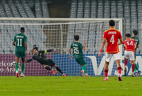East Bengal FC's David Hmar, 14, scores a goal during the AFC Champions League Two football match, in Kolkata, Tuesday, Oct. 13, 2026. 
