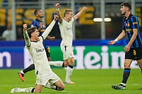Tresoldi Hat-Trick Stuns Inter As Club Brugge Edge Seven-Goal Thriller In UEFA Champions League | Photo: AP/Luca Bruno : Brugge's Freddie Potts, left, celebrates after winning the Champions League opening phase soccer match between Inter Milan and Club Brugge in Milan, Italy, Tuesday, Oct. 13, 2026.