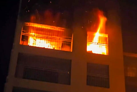 Flames erupt after a massive fire broke out at the Imperial Heritage building in Achole, in Vasai-Virar, Palghar, Maharashtra. Two women died, and six other persons were rushed to hospital in the incident. 