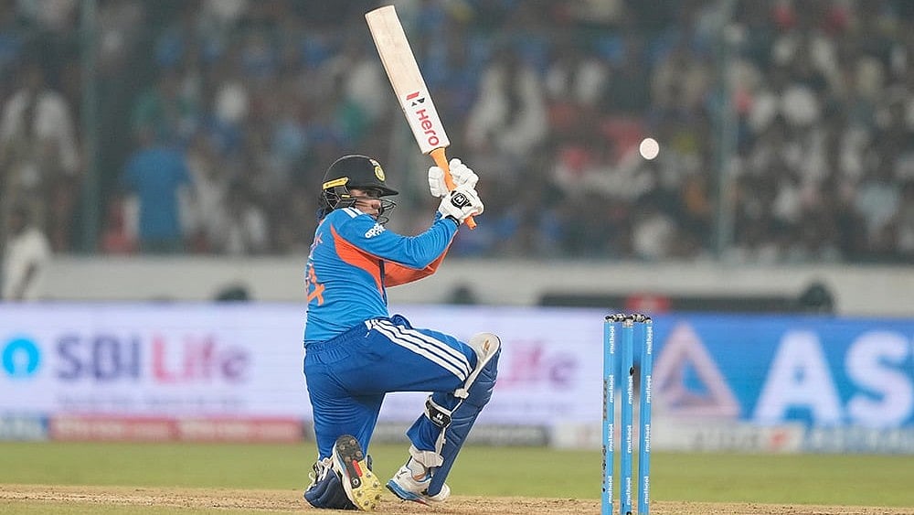 India's Abhishek Sharma plays a shot during the fourth T20 cricket match between India and West Indies in Hyderabad, India, Wednesday, Oct. 14, 2026. - | Photo: AP/Mahesh Kumar A.