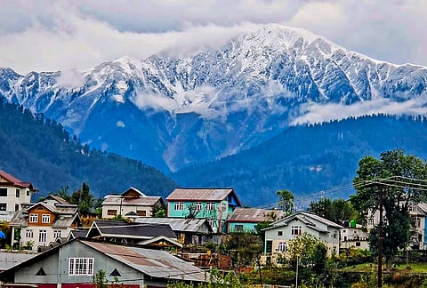 A view of the snow-covered mountains after snowfall, in Bhaderwah, Doda district, Jammu and Kashmir, Thursday, Oct. 15, 2026. 
