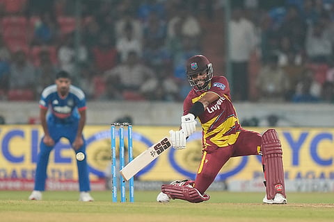 West Indies' captain Shai Hope plays a shot during the fourth T20 cricket match between India and West Indies in Hyderabad, India, Wednesday, Oct. 14, 2026.