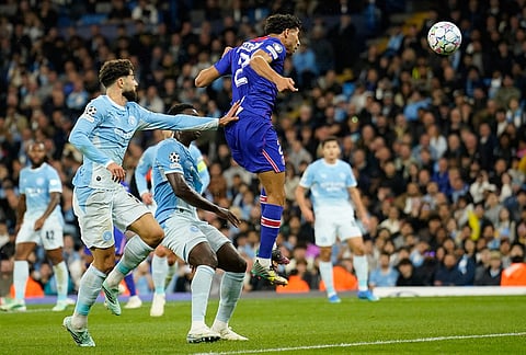PSG's Achraf Hakimi heads the ball during the Champions League opening phase soccer match between Manchester City and Paris Saint-Germain in Manchester, England, Wednesday, Oct. 14, 2026. 
