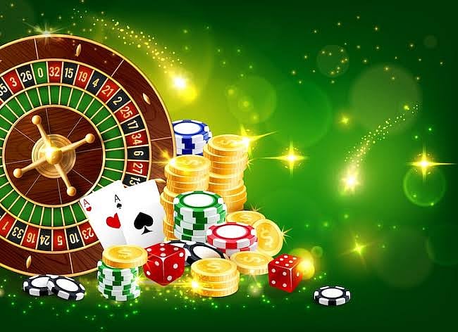 A roulette wheel, casino chips, and dice on a glowing green background.