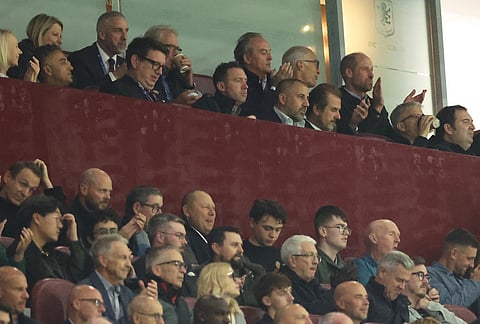 Britain's Prince William, top right, watches the Champions League opening phase soccer match between Aston Villa and Fenerbahce in Birmingham, England, Wednesday Oct. 14, 2026. 

