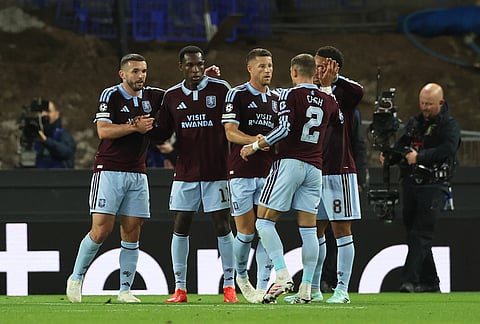Aston Villa's Nicolas Jackson celebrates with teammates after scoring his sides second goal during the Champions League opening phase soccer match between Aston Villa and Fenerbahce in Birmingham, England, Wednesday Oct. 14, 2026. 