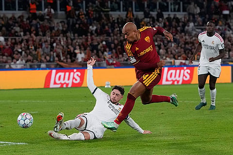 Roma's Donyell Malen scores his side's second goal during a Champions League opening phase soccer match between Roma and Real Madrid, in Rome, Wednesday, Oct.14, 2026.