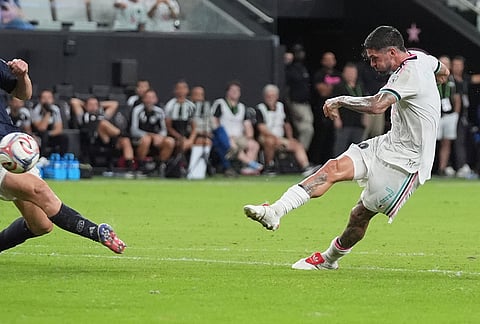 Inter Miami midfielder Rodrigo de Paul scores a goal during the first half of an MLS soccer match against New York City FC, Wednesday, Oct. 14, 2026, in Miami. 