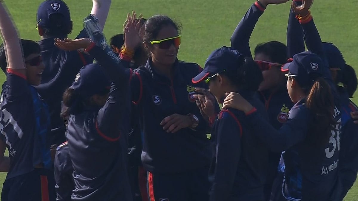 Delhi cricketers celebrate a wicket during Senior Women's One Day Trophy.  - BCCIWomen/X