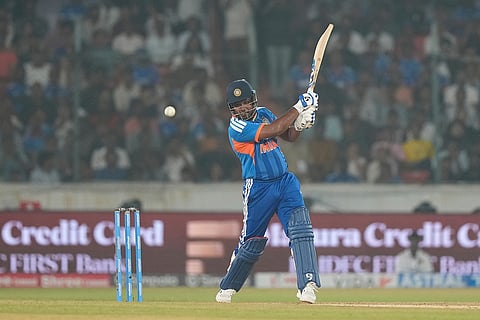 India's Sanju Samson hits a boundary during the fourth T20 cricket match between India and West Indies in Hyderabad, India, Wednesday, Oct. 14, 2026.