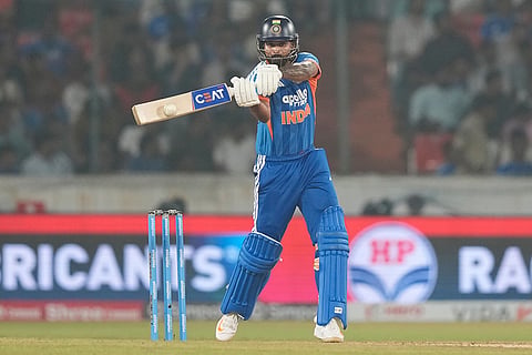 India's captain Shreyas Iyer plays a shot during the fourth T20 cricket match between India and West Indies in Hyderabad, India, Wednesday, Oct. 14, 2026.