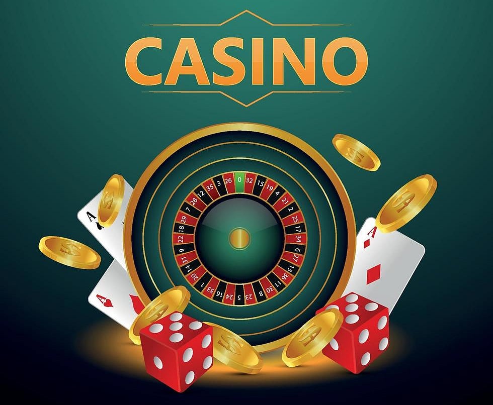 Casino banner with a roulette wheel, gold coins, red dice, and playing cards.