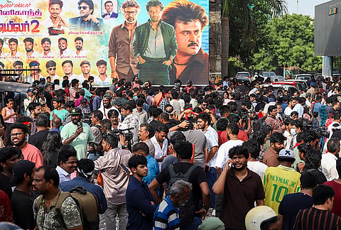 Fans celebrate the release of actor Rajinikanth's latest film ‘Jailer 2’, in Chennai.