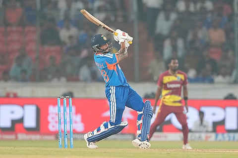 India's Nitish Kumar Reddy plays a shot during the fourth T20 cricket match between India and West Indies in Hyderabad, India, Wednesday, Oct. 14, 2026.