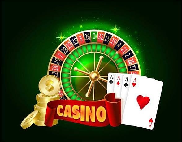 Casino banner featuring a green roulette wheel, cards, coins, and a red casino ribbon.