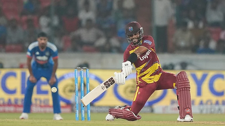 West Indies' captain Shai Hope plays a shot during the fourth T20 cricket match between India and West Indies in Hyderabad, India, Wednesday, Oct. 14, 2026. - | Photo: AP/Mahesh Kumar A.