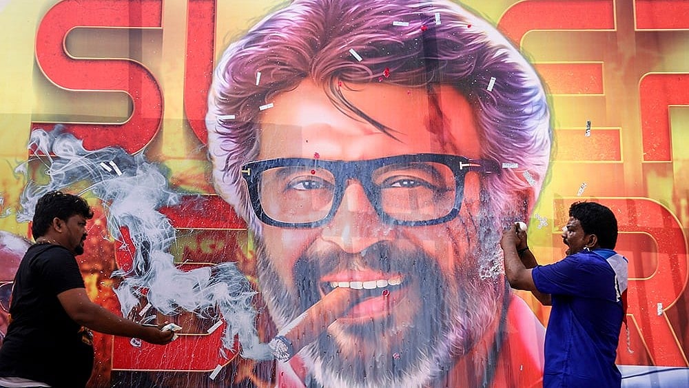 Fans celebrate the release of actor Rajinikanth's latest film Jailer 2, in Chennai, Thursday, Oct. 15, 2026.  - | Photo: PTI/R Senthilkumar