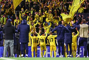 | Photo: Mats Torbergsen/NTB via AP : Bodo's players celebrate after winning the Champions League soccer match between Bodo/Glimt and Borussia Dortmund in Bodo, Norway, Wednesday, Oct. 14, 2026.