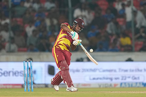 West Indies' Shimron Hetmyer plays a shot during the fourth T20 cricket match between India and West Indies in Hyderabad, India, Wednesday, Oct. 14, 2026.