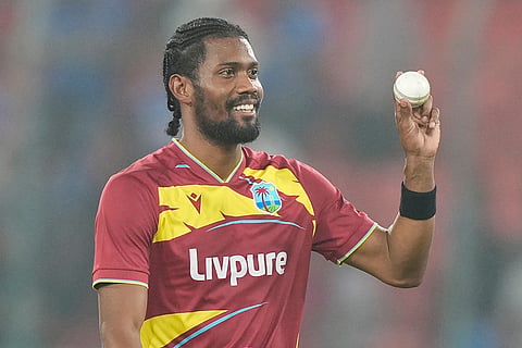 West Indies' Keemo Paul celebrates five wicket haul during the fourth T20 cricket match between India and West Indies in Hyderabad, India, Wednesday, Oct. 14, 2026.