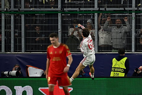 Liverpool's Lewis Koumas celebrates after scoring his side's sixth goal during the Champions League opening phase soccer match between LASK and Liverpool in Linz, Austria, Wednesday, Oct. 14, 2026.