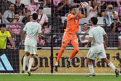 Inter Miami goalkeeper Dayne St. Clair (97) makes a save during the second half of an MLS soccer match against New York City FC, Wednesday, Oct. 14, 2026, in Miami. 