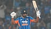 | Photo: AP/Mahesh Kumar A. : India's Sanju Samson celebrates his fifty runs during the fourth T20 cricket match between India and West Indies in Hyderabad, India, Wednesday, Oct. 14, 2026.