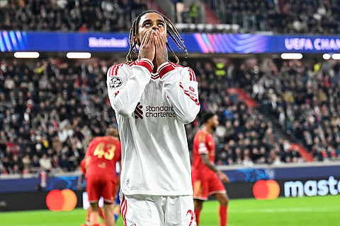 Liverpool's Bradley Barcola, celebrates after scoring his side's third goal during the Champions League opening phase soccer match between LASK and Liverpool in Linz, Austria, Wednesday, Oct. 14, 2026.