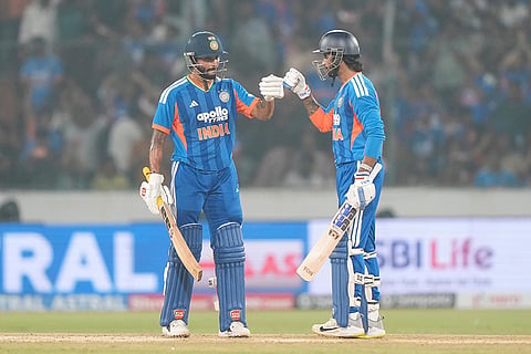 India's Nitish Kumar Reddy, left, and Tilak Varma greet each other during the fourth T20 cricket match between India and West Indies in Hyderabad, India, Wednesday, Oct. 14, 2026.