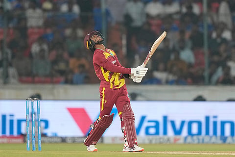West Indies' Jewel Andrew reacts after missing a shot during the fourth T20 cricket match between India and West Indies in Hyderabad, India, Wednesday, Oct. 14, 2026.