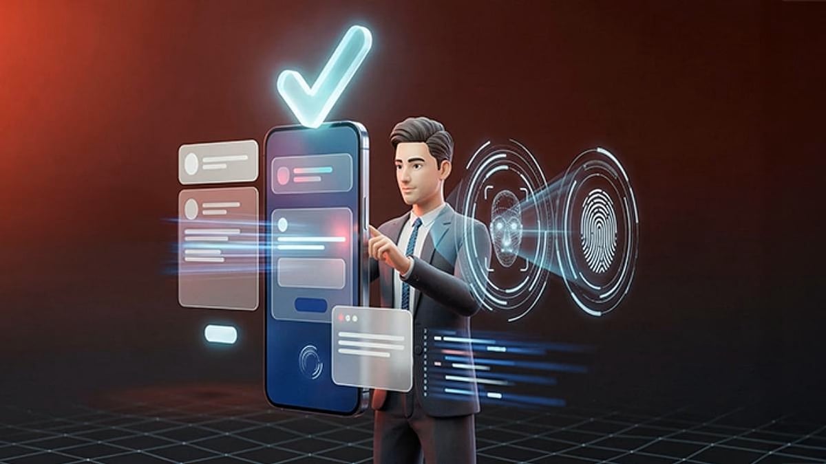 Man tapping smartphone screen with facial recognition and fingerprint icons