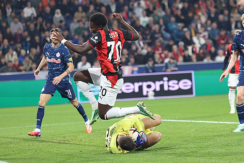 AC Milan's Alphadjo Cisse misses a scoring chance during an Europa League opening phase soccer match between FC Red Bull Salzburg and AC Milan, in Salzburg, Austria, Thursday, Oct.15, 2026.