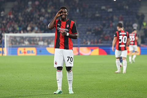 AC Milan's Alphadjo Cisse celebrates after scoring his side's first goal during an Europa League opening phase soccer match between FC Red Bull Salzburg and AC Milan, in Salzburg, Austria, Thursday, Oct.15, 2026.