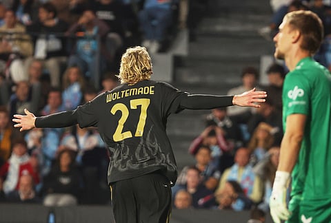 Juventus' Nick Woltemade celebrates after scoring his side's opening goal during the Europa League soccer match between Celta Vigo and Juventus in Vigo, Spain, Thursday, Oct. 15, 2026. 