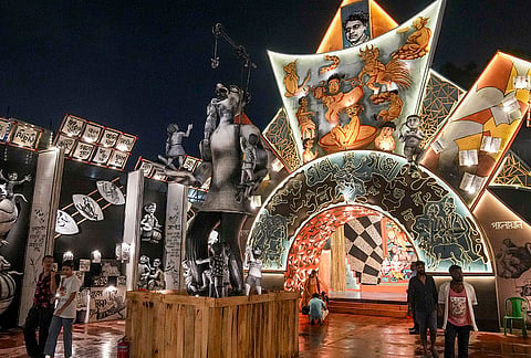 A Durga Puja pandal based on the theme of 'Abol Tabol', a collection of rhyming poems by poet Sukumar Ray, in Kolkata, Thursday, Oct. 15, 2026. 
