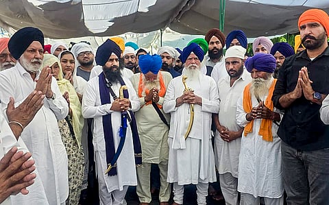 Akal Takht Jathedar Giani Kuldip Singh Gargajj and other leaders meets the family of slain anti-drug activist Parvinder Singh Jhota, in Mansa, Punjab. Jhota was shot dead in a busy marketplace in Mansa on Tuesday. 
