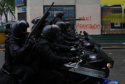 Police fire rubber bullets at demonstrators during an anti-government protest in Buenos Aires, Argentina, Thursday, Oct. 15, 2026. 