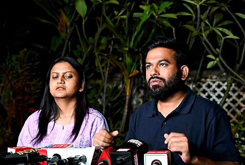 Cockroach Janta Party (CJP) founder Abhijeet Dipke with legal head Ratna Singh address a press conference. 
