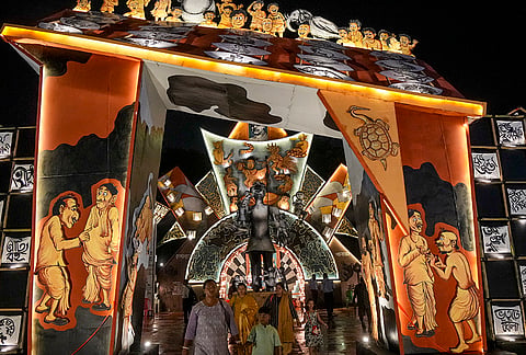 A Durga Puja pandal based on the theme of 'Abol Tabol', a collection of rhyming poems by poet Sukumar Ray, in Kolkata, Thursday, Oct. 15, 2026. 
