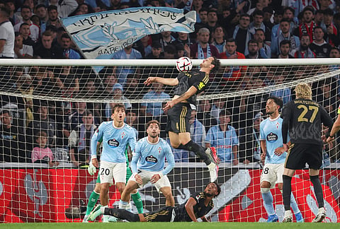 Juventus' Federico Gatti controls the ball in the air during the Europa League soccer match between Celta Vigo and Juventus in Vigo, Spain, Thursday, Oct. 15, 2026. 