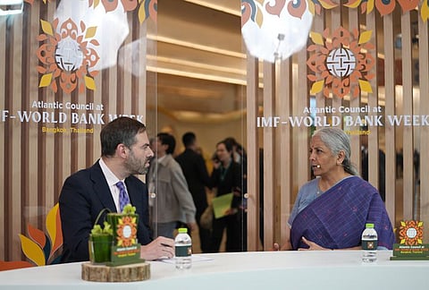 Finance Minister Nirmala Sitharaman during an interactive session with South Asia Atlantic Council Resident Senior Fellow Michael Kugelman on the sidelines of the IMF-World Bank Annual Meetings in Bangkok. 