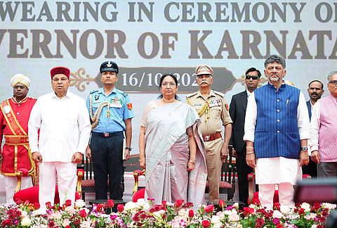 Karnataka Governor-designate Sudha Yadav, Chief Minister D K Shivakumar and others during the swearing in ceremony of the latter, at Lok Bhavan. 