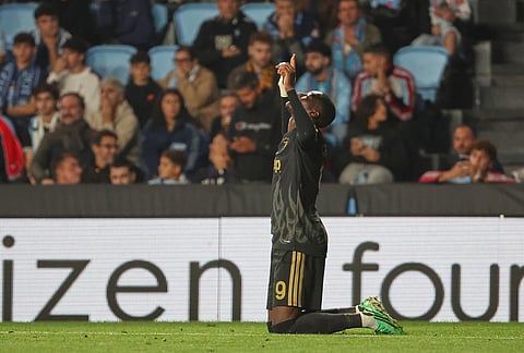 Juventus' Randal Kolo Muani celebrates after scoring his side's second goal during the Europa League soccer match between Celta Vigo and Juventus in Vigo, Spain, Thursday, Oct. 15, 2026. 