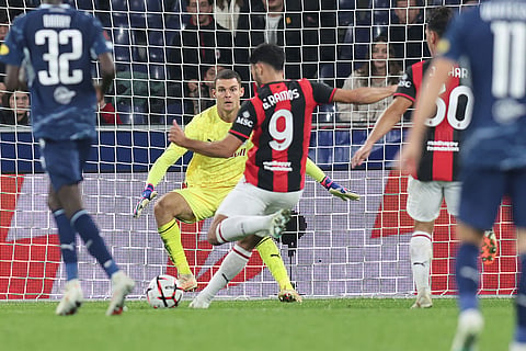 AC Milan's Goncalo Ramos is about to score his side's fourth goal during an Europa League opening phase soccer match between FC Red Bull Salzburg and AC Milan, in Salzburg, Austria, Thursday, Oct.15, 2026.