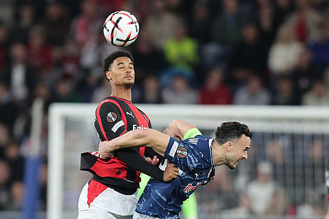 AC Milan's Koni De Winter goes for the header with Salzburg's Haris Tabakovic during an Europa League opening phase soccer match between FC Red Bull Salzburg and AC Milan, in Salzburg, Austria, Thursday, Oct.15, 2026.