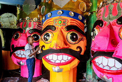 Artists prepare an effigy of 'Ravana' ahead of the upcoming 'Dussehra' festival, in Rishikesh, Uttarakhand.